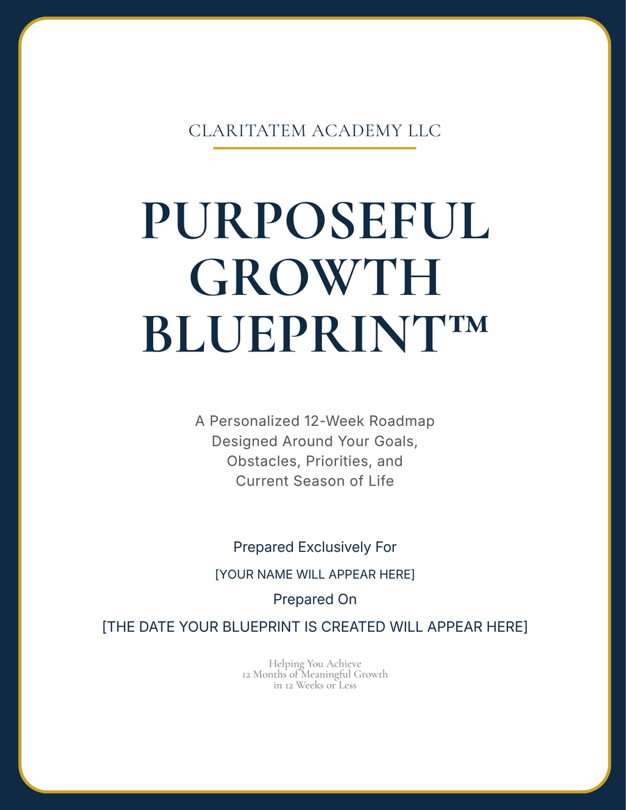 Sample Purposeful Growth Blueprint cover showing the Claritatem Academy title, client-name field, and preparation-date field.