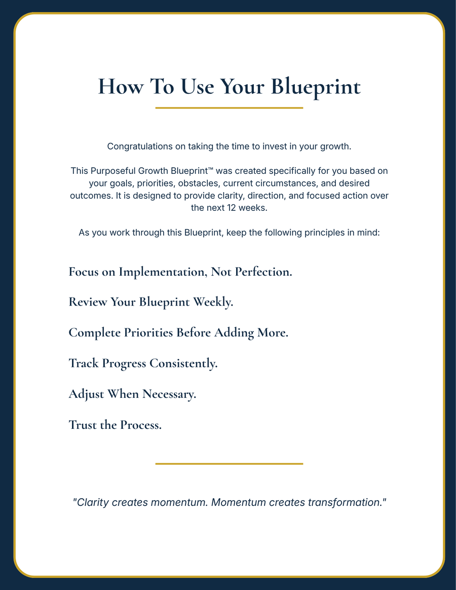 Sample Blueprint instruction page explaining how to use the document, choose a primary focus, take small consistent steps, review progress weekly, and seek support when helpful.